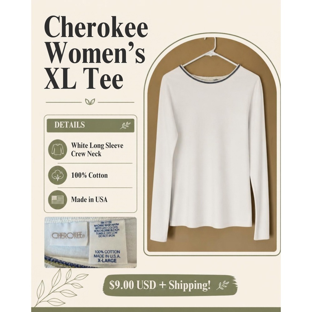 Cherokee Women's XL White Long Sleeve Crew Neck Tee 100% Cotton Made in USA